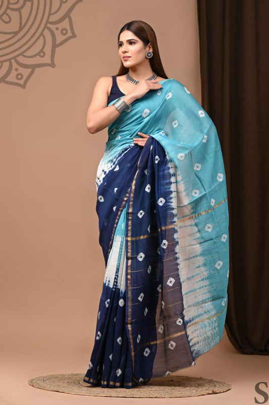 PJNV25A246 Blue Pure Hand Block Printed Chanderi Silk Saree