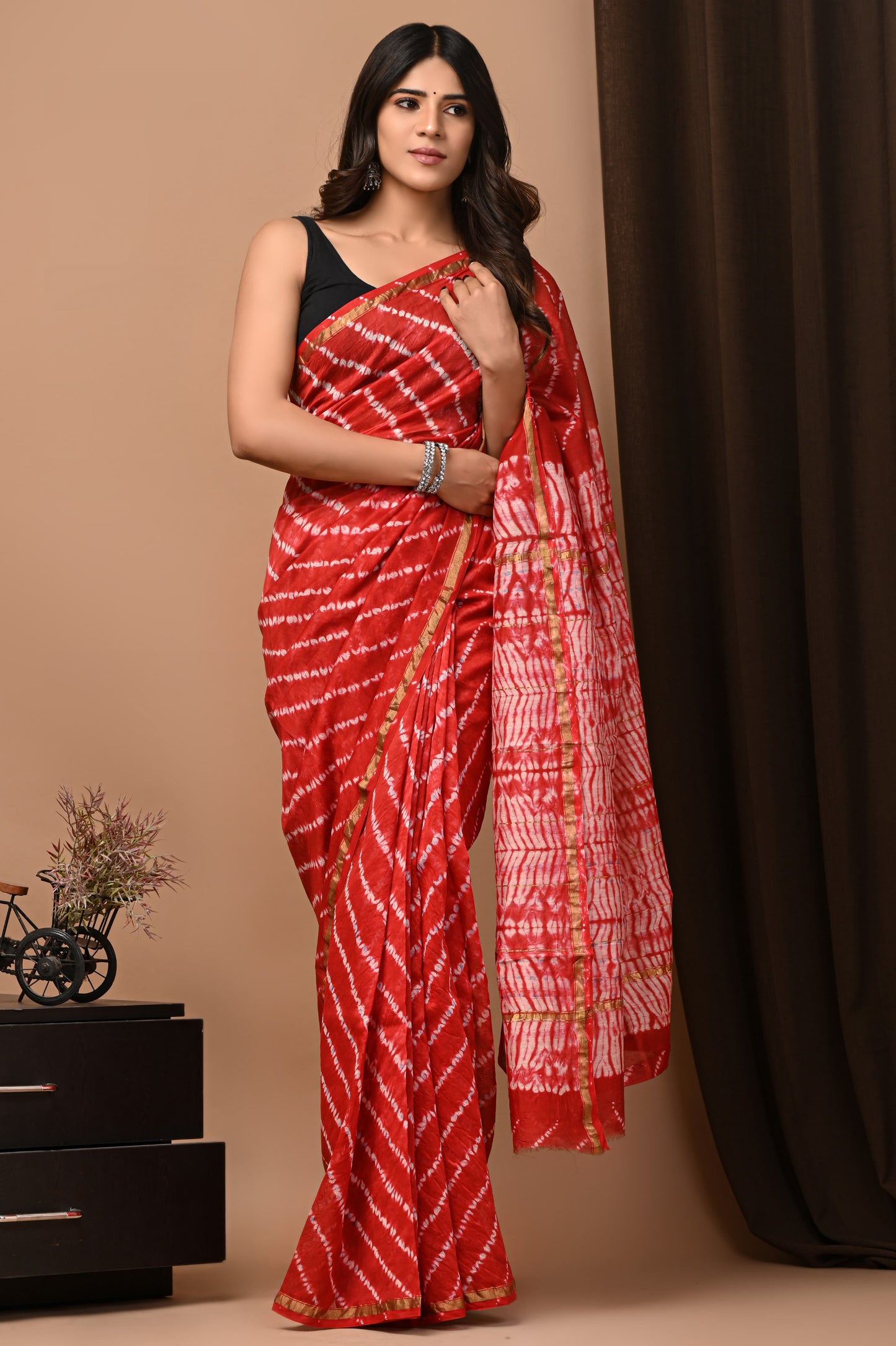 PJNV25A247 Vibrant Red Pure Hand Block Printed Chanderi Silk Saree