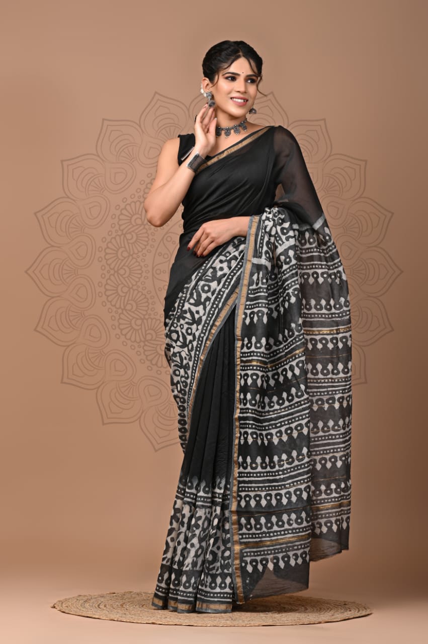 PJNV25A248 Black And White Pure Hand Block Printed Chanderi Silk Saree