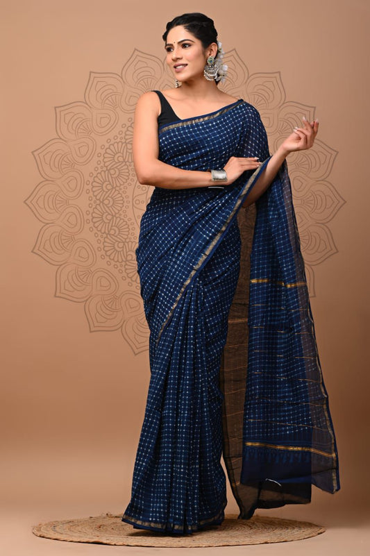 PJNV25A249 Navy Blue Pure Hand Block Printed Chanderi Silk Saree