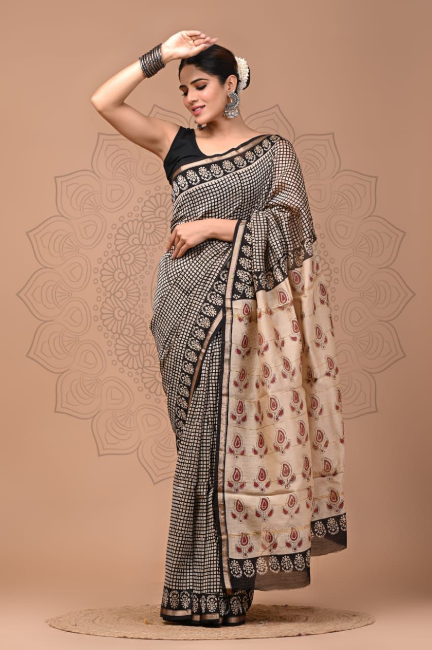 PJNV25A250 Black Pure Hand Block Printed Chanderi Silk Saree
