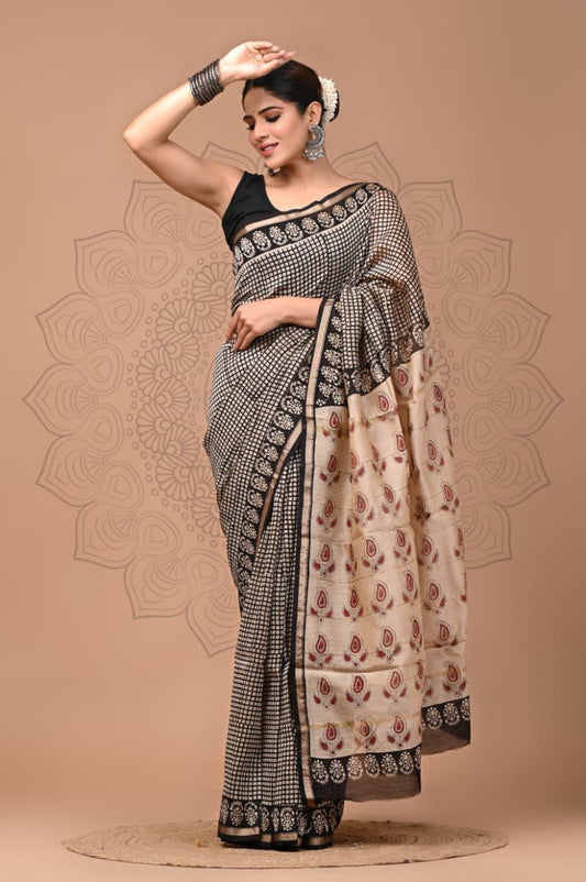 PJNV25A250 Black Pure Hand Block Printed Chanderi Silk Saree