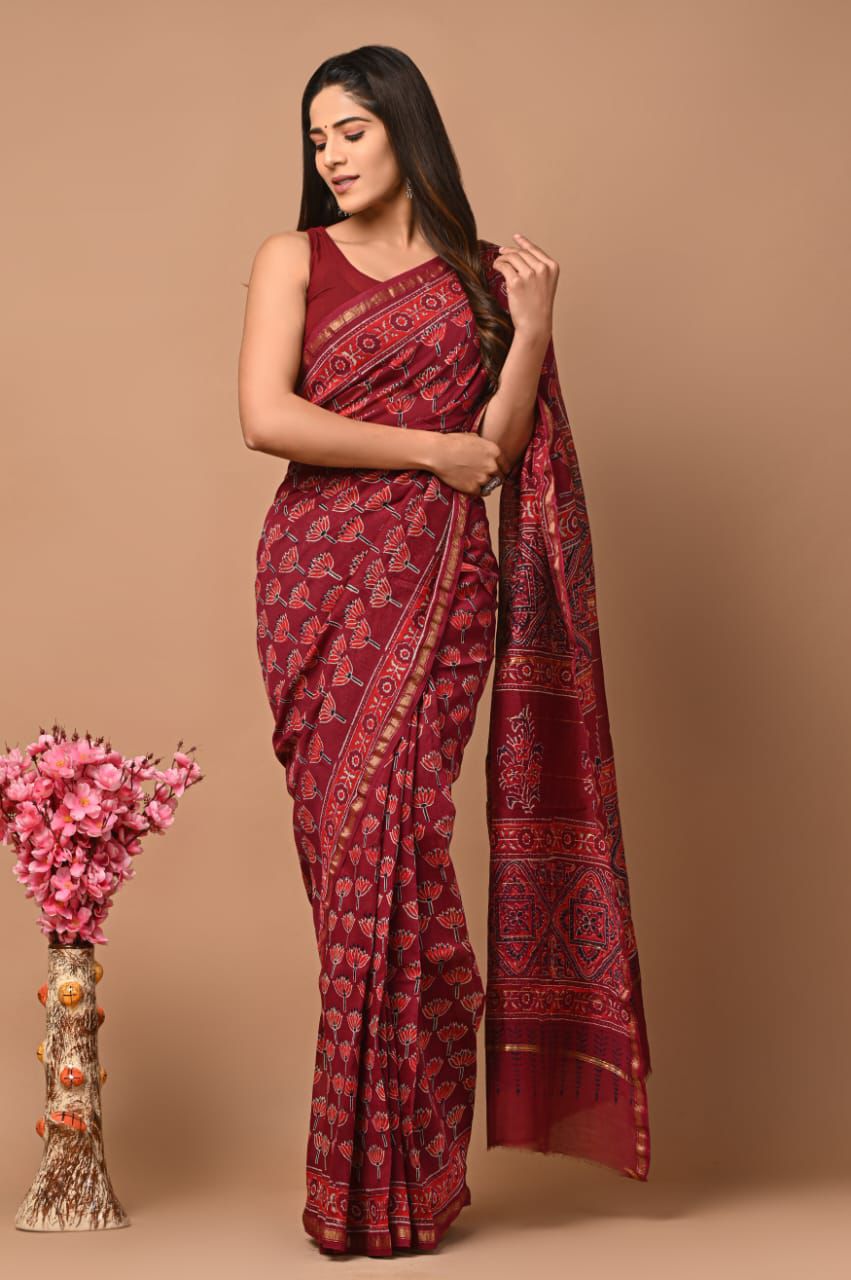 PJNV25A251 Maroon Pure Hand Block Printed Chanderi Silk Saree
