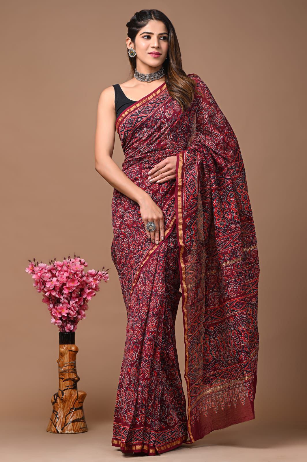 PJNV25A252 Maroon Pure Hand Block Printed Chanderi Silk Saree
