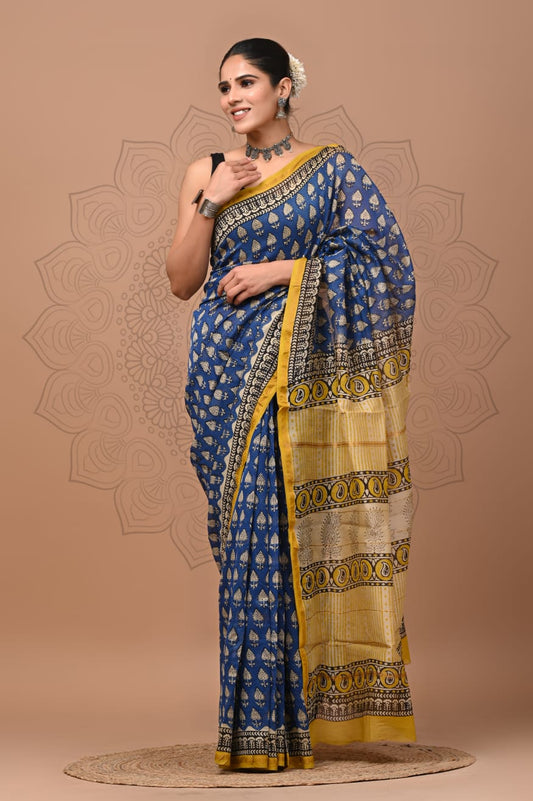 PJNV25A254 Navy Blue Pure Hand Block Printed Chanderi Silk Saree