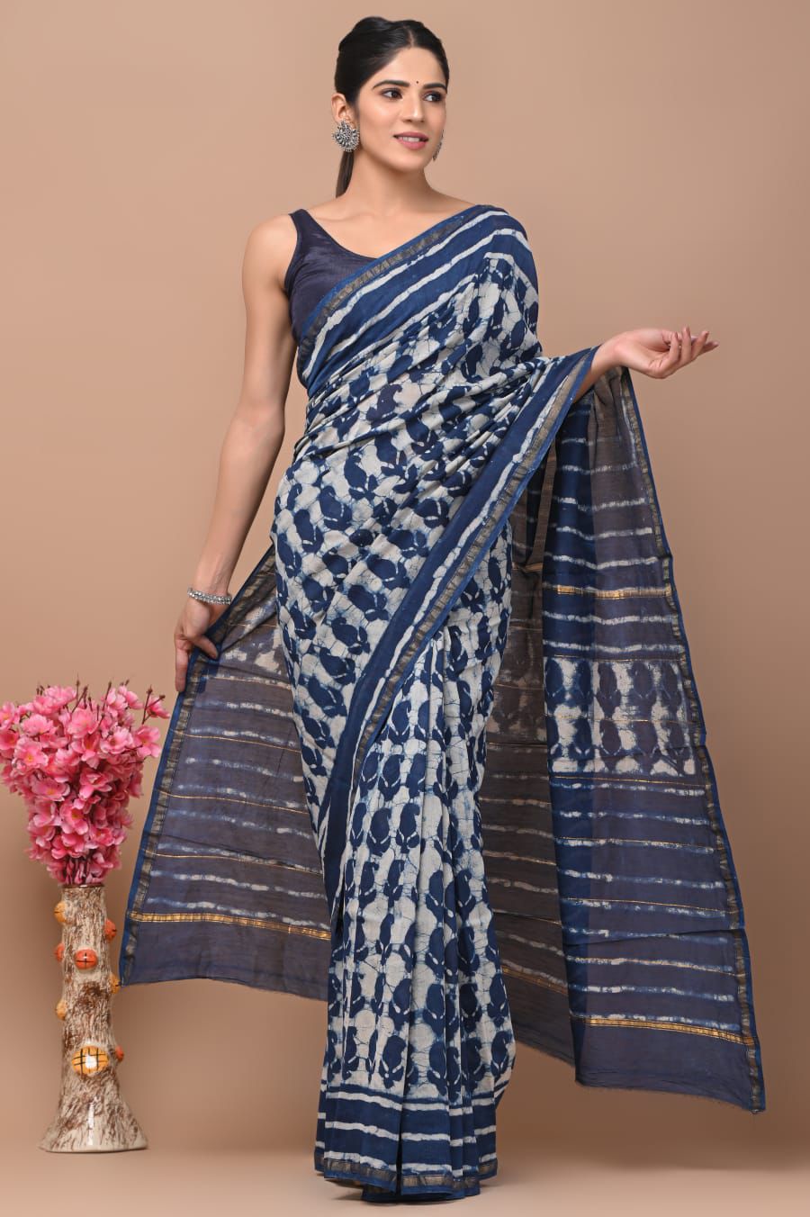 PJNV25A255 Navy Blue Pure Hand Block Printed Chanderi Silk Saree