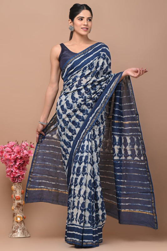PJNV25A255 Navy Blue Pure Hand Block Printed Chanderi Silk Saree
