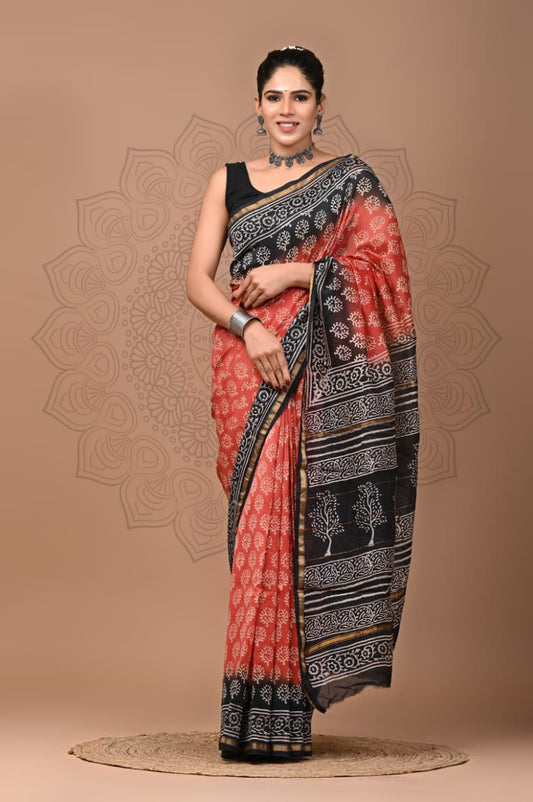 PJNV25A257 Rust Red Pure Hand Block Printed Chanderi Silk Saree