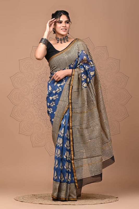 PJNV25A258 Navy Blue Pure Hand Block Printed Chanderi Silk Saree