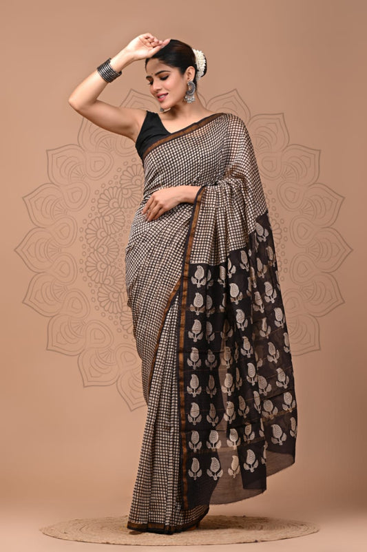 PJNV25A259 Beige Pure Hand Block Printed Chanderi Silk Saree