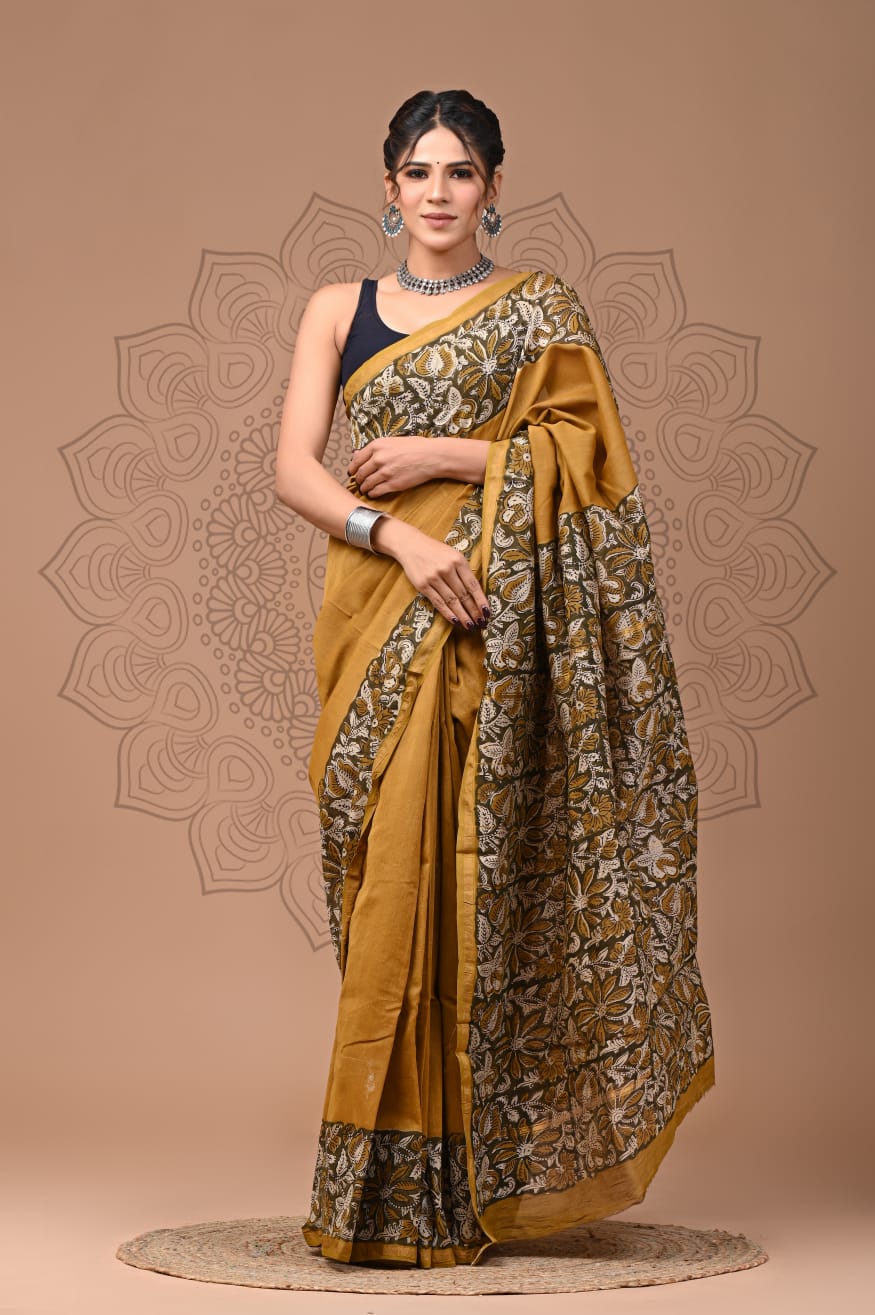 PJNV25A264 Mustard Yellow Pure Hand Block Printed Chanderi Silk Saree