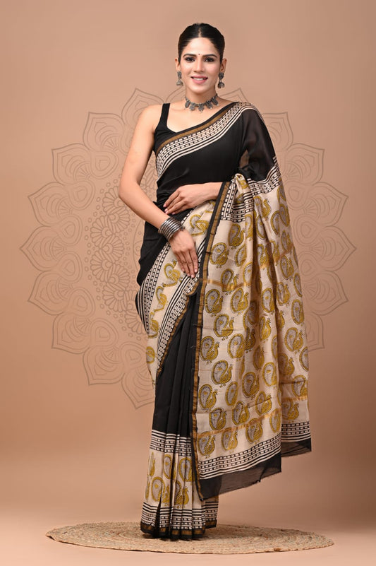 PJNV25A265 Black Pure Hand Block Printed Chanderi Silk Saree