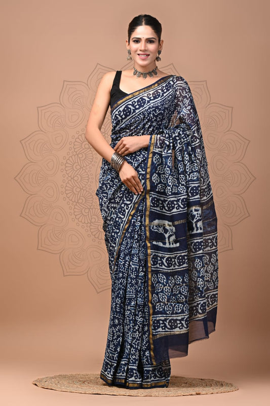 PJNV25A266 Navy Blue Pure Hand Block Printed Chanderi Silk Saree