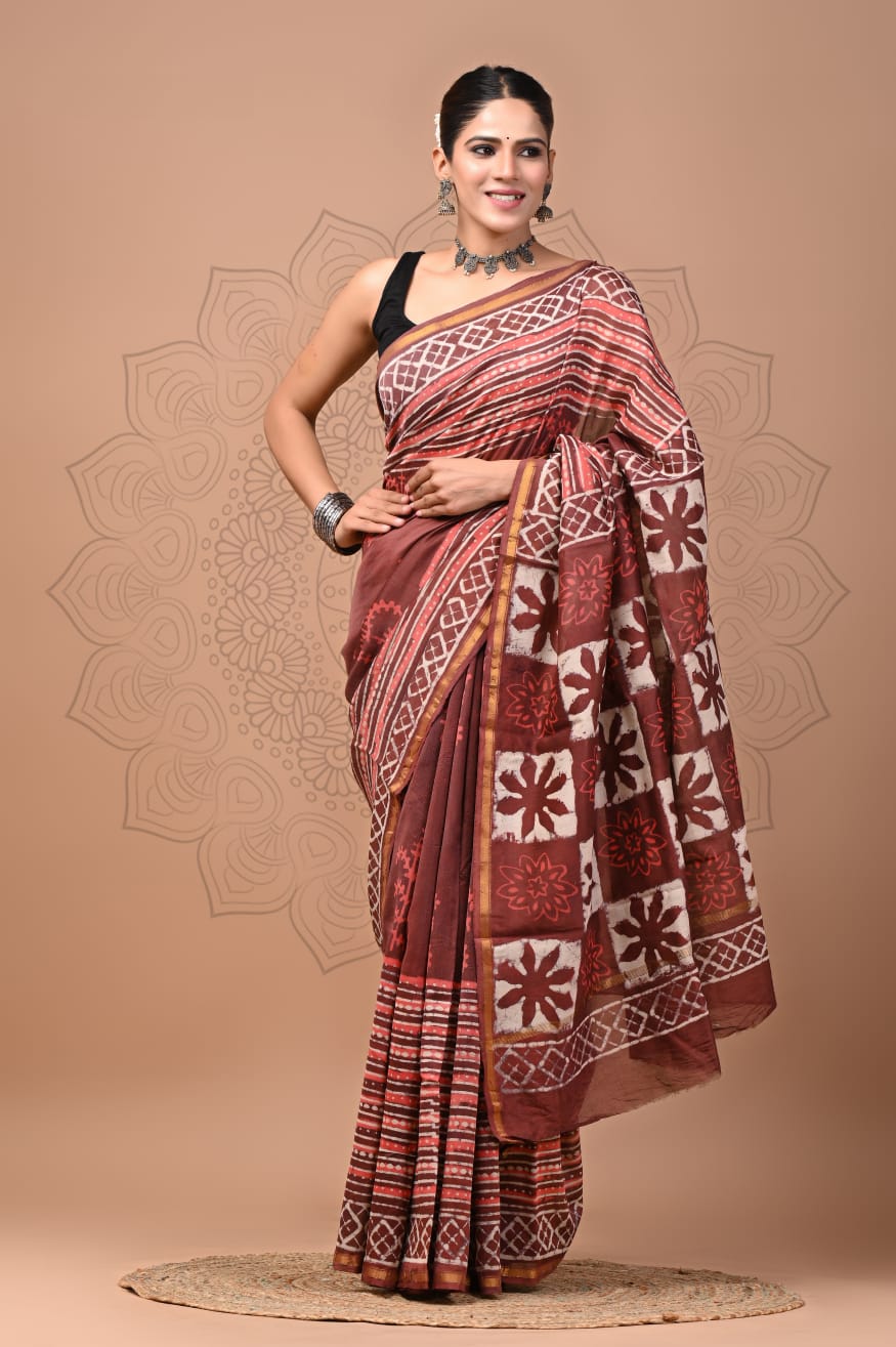 PJNV25A269 Rust Maroon Pure Hand Block Printed Chanderi Silk Saree