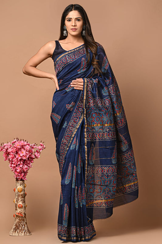 PJNV25A270 Navy Blue Pure Hand Block Printed Chanderi Silk Saree