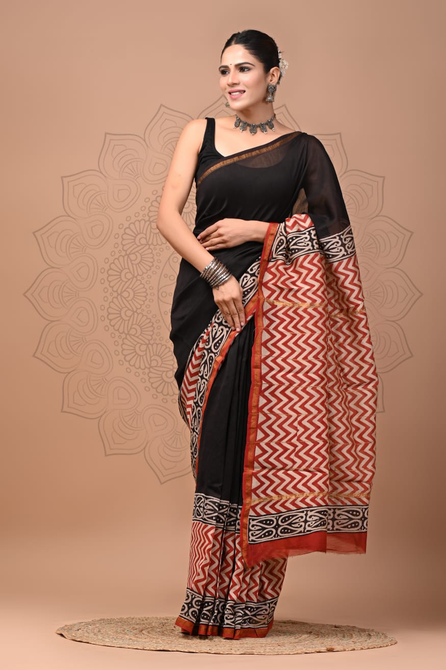 PJNV25A271 Black Pure Hand Block Printed Chanderi Silk Saree