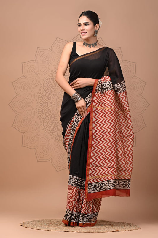 PJNV25A271 Black Pure Hand Block Printed Chanderi Silk Saree