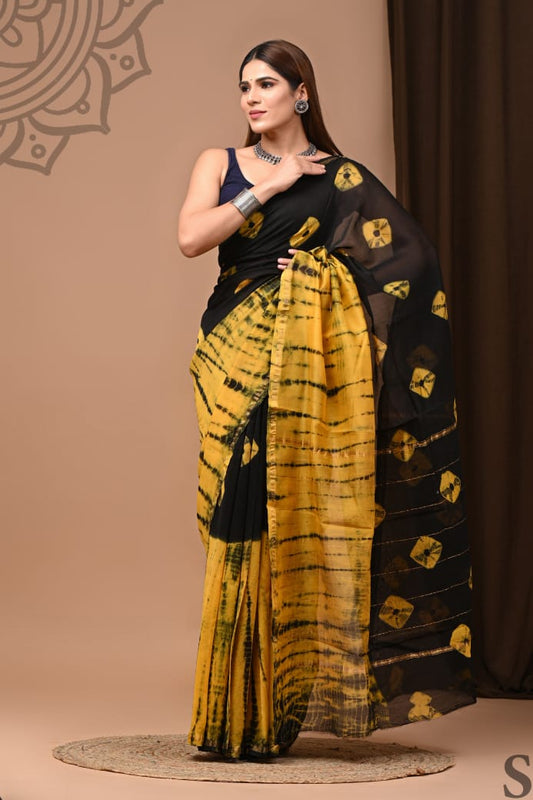 PJNV25A273 Black And Yellow Pure Hand Block Printed Chanderi Silk Saree
