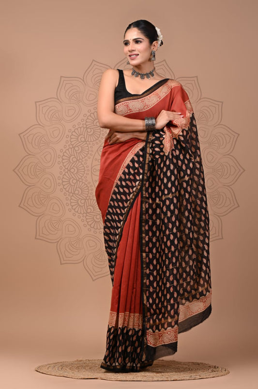 PJNV25A274 Rust Red Pure Hand Block Printed Chanderi Silk Saree