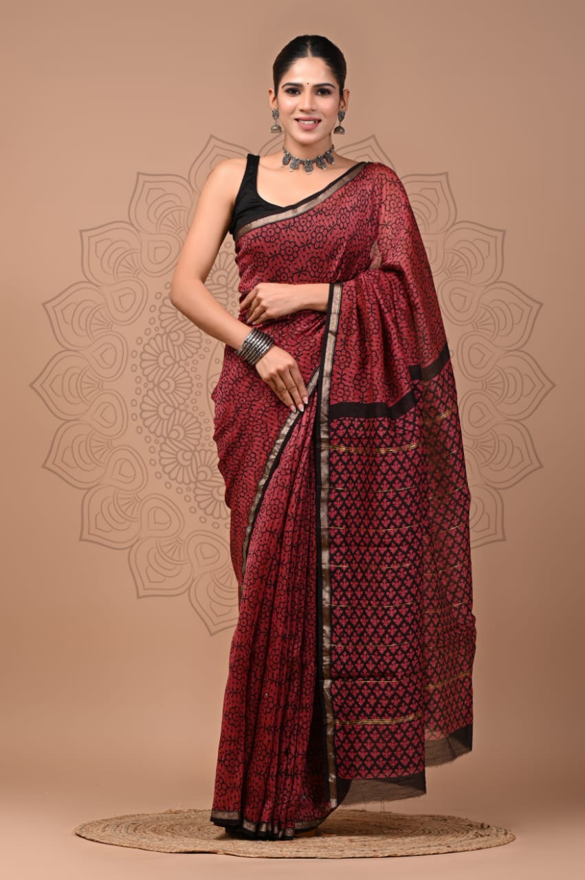PJNV25A275 Maroon Pure Hand Block Printed Chanderi Silk Saree
