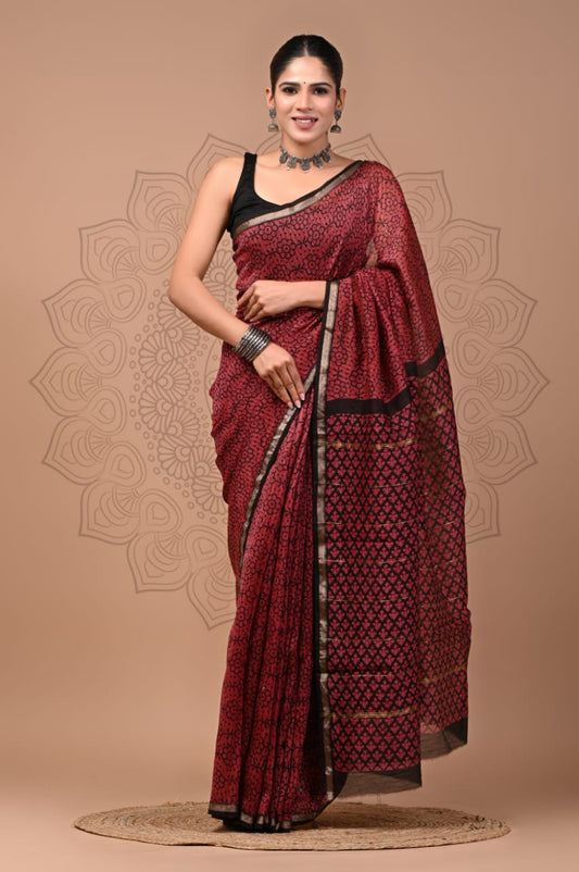 PJNV25A275 Maroon Pure Hand Block Printed Chanderi Silk Saree