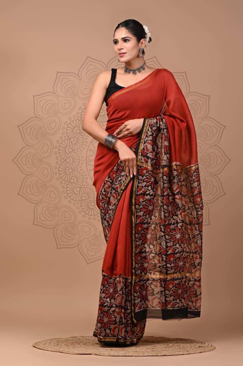 PJNV25A276 Rust Red Pure Hand Block Printed Chanderi Silk Saree
