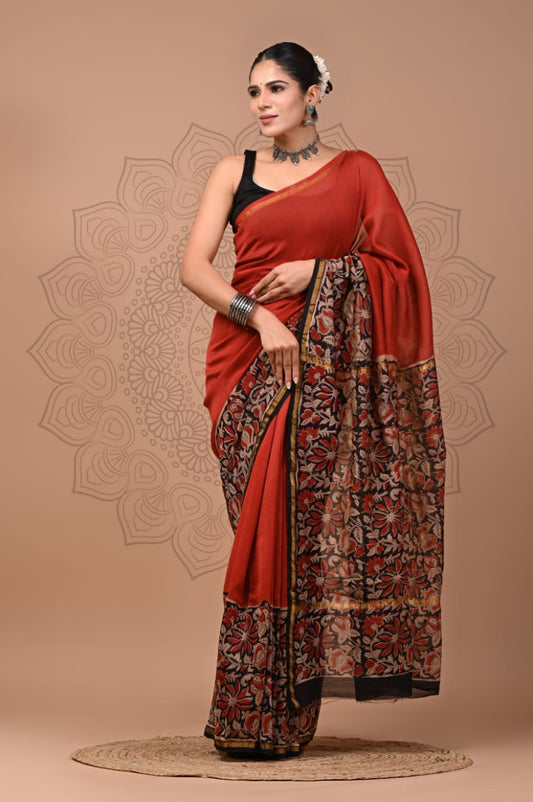 PJNV25A276 Rust Red Pure Hand Block Printed Chanderi Silk Saree