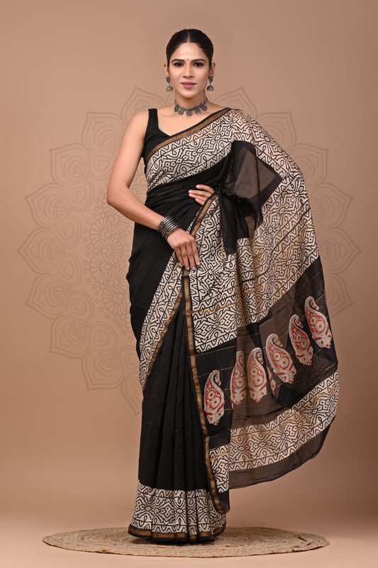 PJNV25A279 Black Pure Hand Block Printed Chanderi Silk Saree