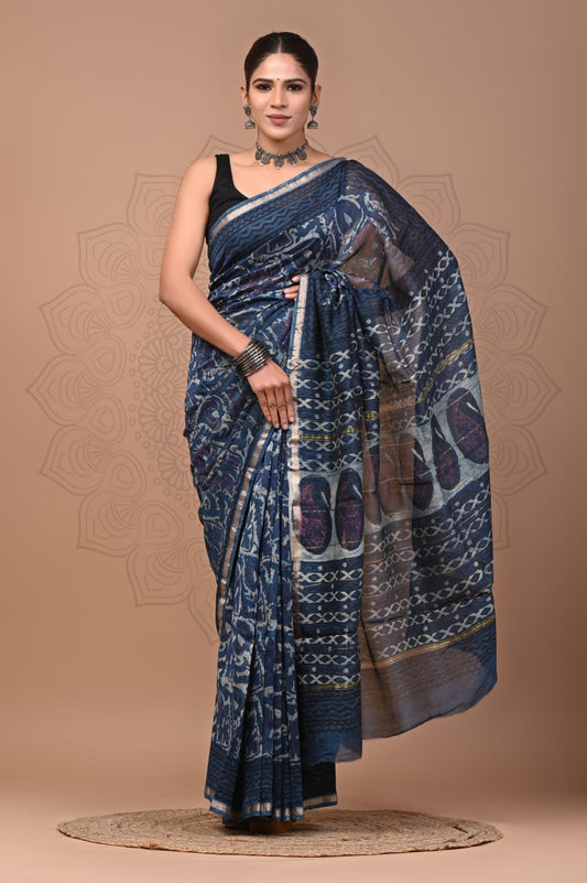 PJNV25A280 Navy Blue Pure Hand Block Printed Chanderi Silk Saree