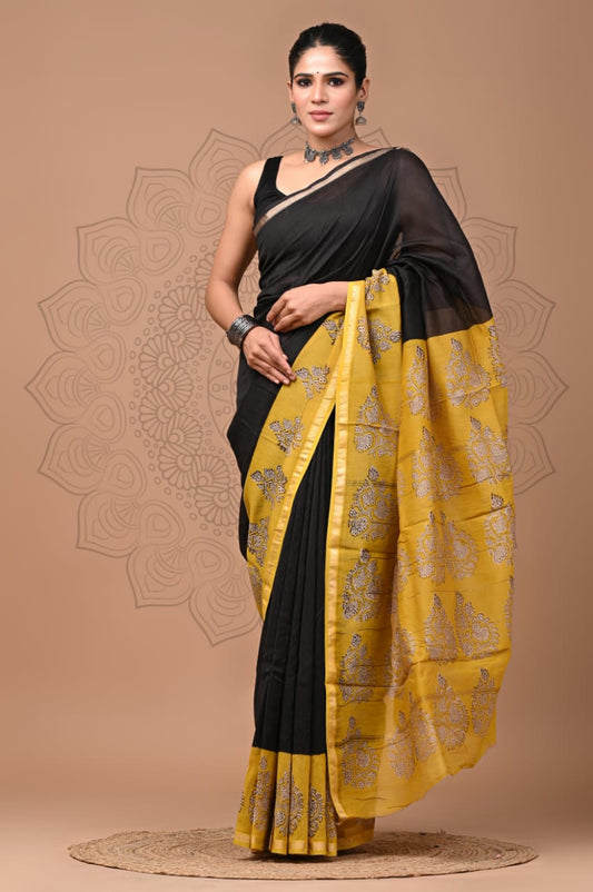 PJNV25A282 Black Pure Hand Block Printed Chanderi Silk Saree