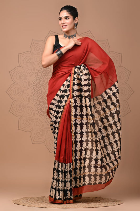 PJNV25A283 Rust Maroon Pure Hand Block Printed Chanderi Silk Saree