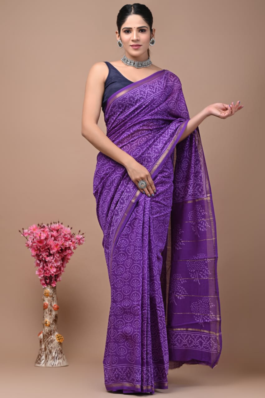 PJNV25A284 Purple Pure Hand Block Printed Chanderi Silk Saree
