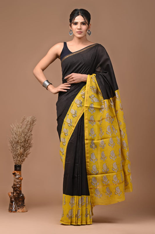 PJNV25A286 Black Pure Hand Block Printed Chanderi Silk Saree