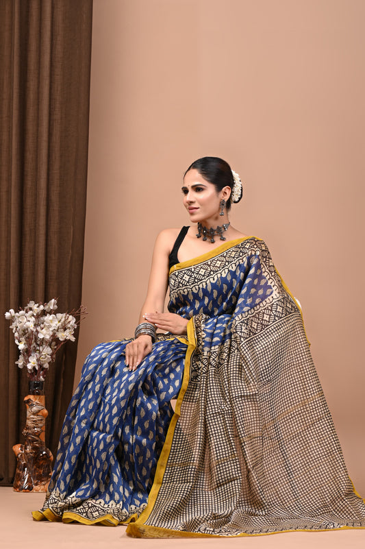 PJNV25A289 Navy Blue Pure Hand Block Printed Chanderi Silk Saree