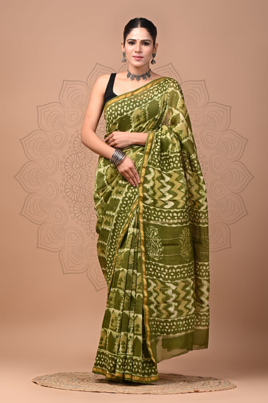 PJNV25A292 Olive Green Pure Hand Block Printed Chanderi Silk Saree