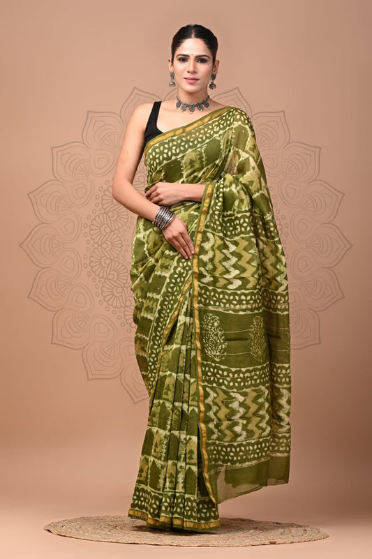 PJNV25A292 Olive Green Pure Hand Block Printed Chanderi Silk Saree
