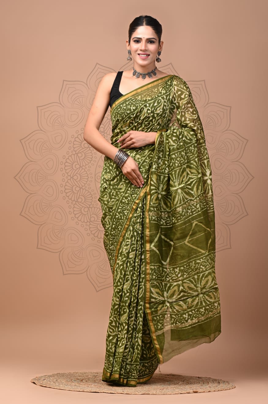 PJNV25A293 Olive Green Pure Hand Block Printed Chanderi Silk Saree