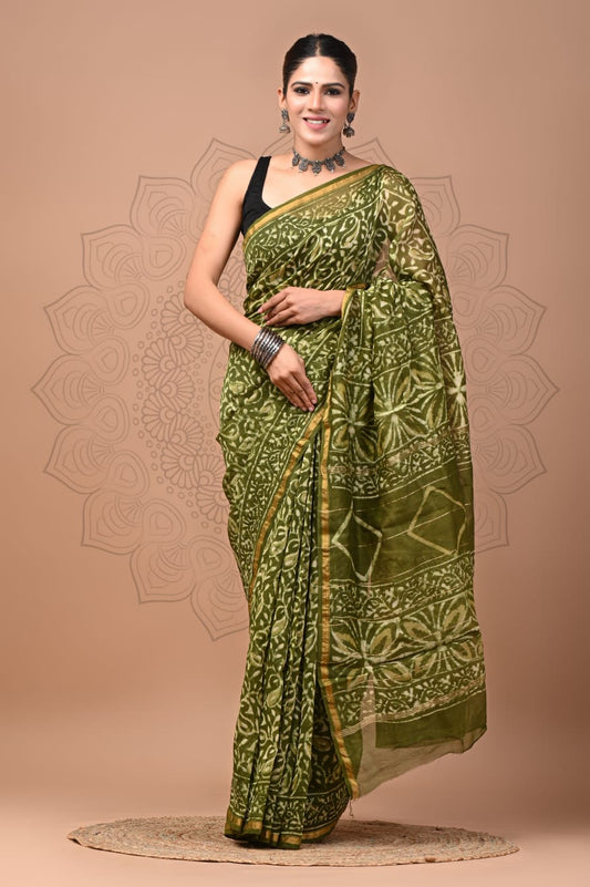 PJNV25A293 Olive Green Pure Hand Block Printed Chanderi Silk Saree