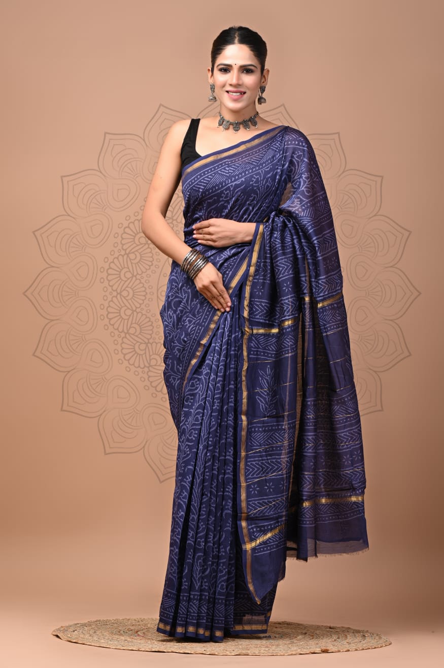 PJNV25A294 Navy Blue Pure Hand Block Printed Chanderi Silk Saree