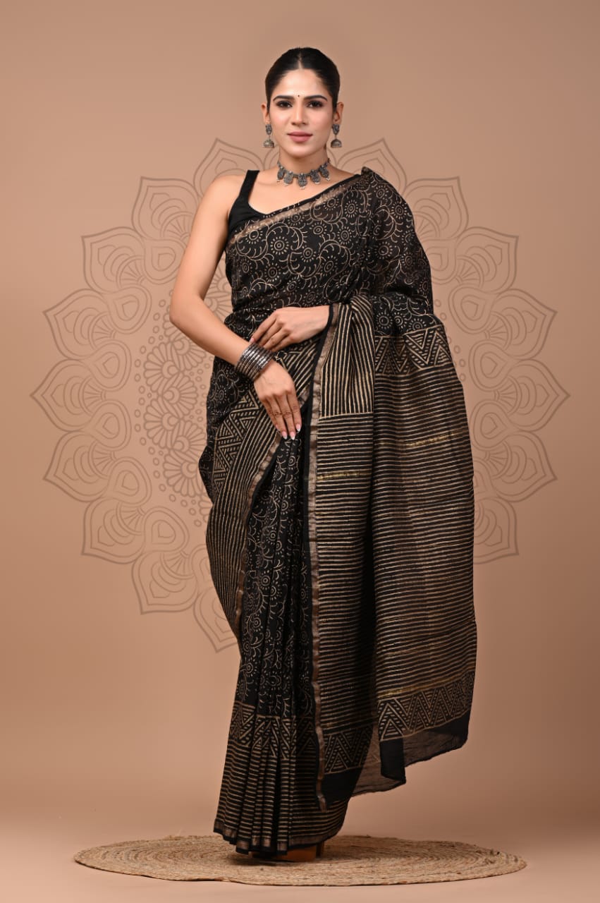 PJNV25A295 Black Pure Hand Block Printed Chanderi Silk Saree