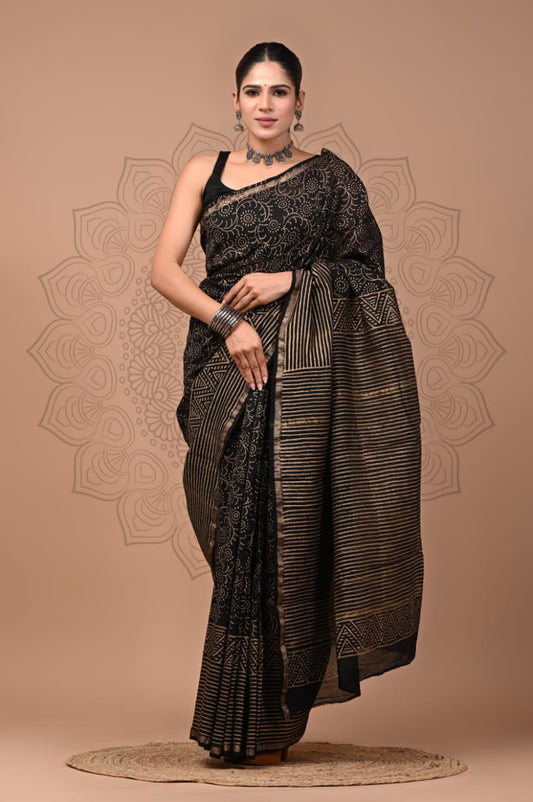 PJNV25A295 Black Pure Hand Block Printed Chanderi Silk Saree