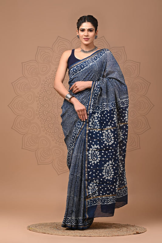 PJNV25A296 Navy Blue Pure Hand Block Printed Chanderi Silk Saree