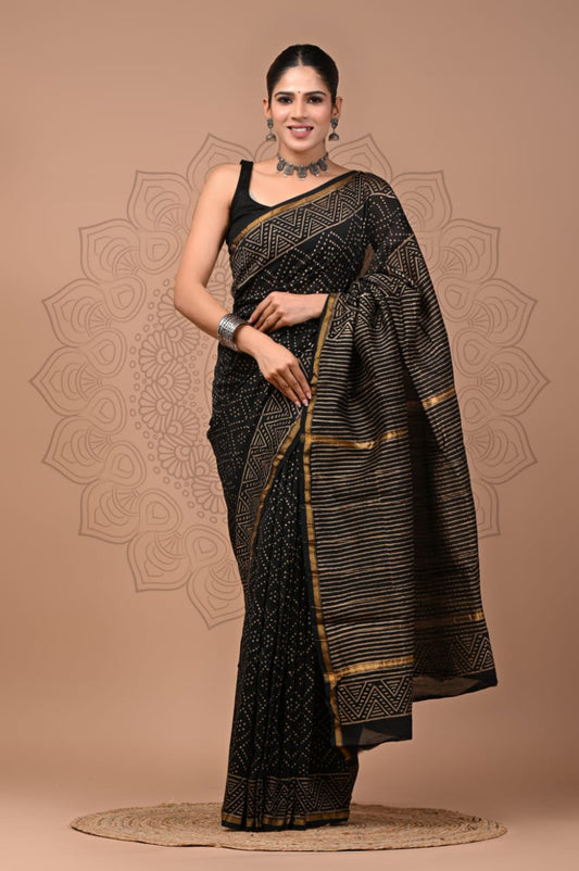 PJNV25A297 Black Pure Hand Block Printed Chanderi Silk Saree
