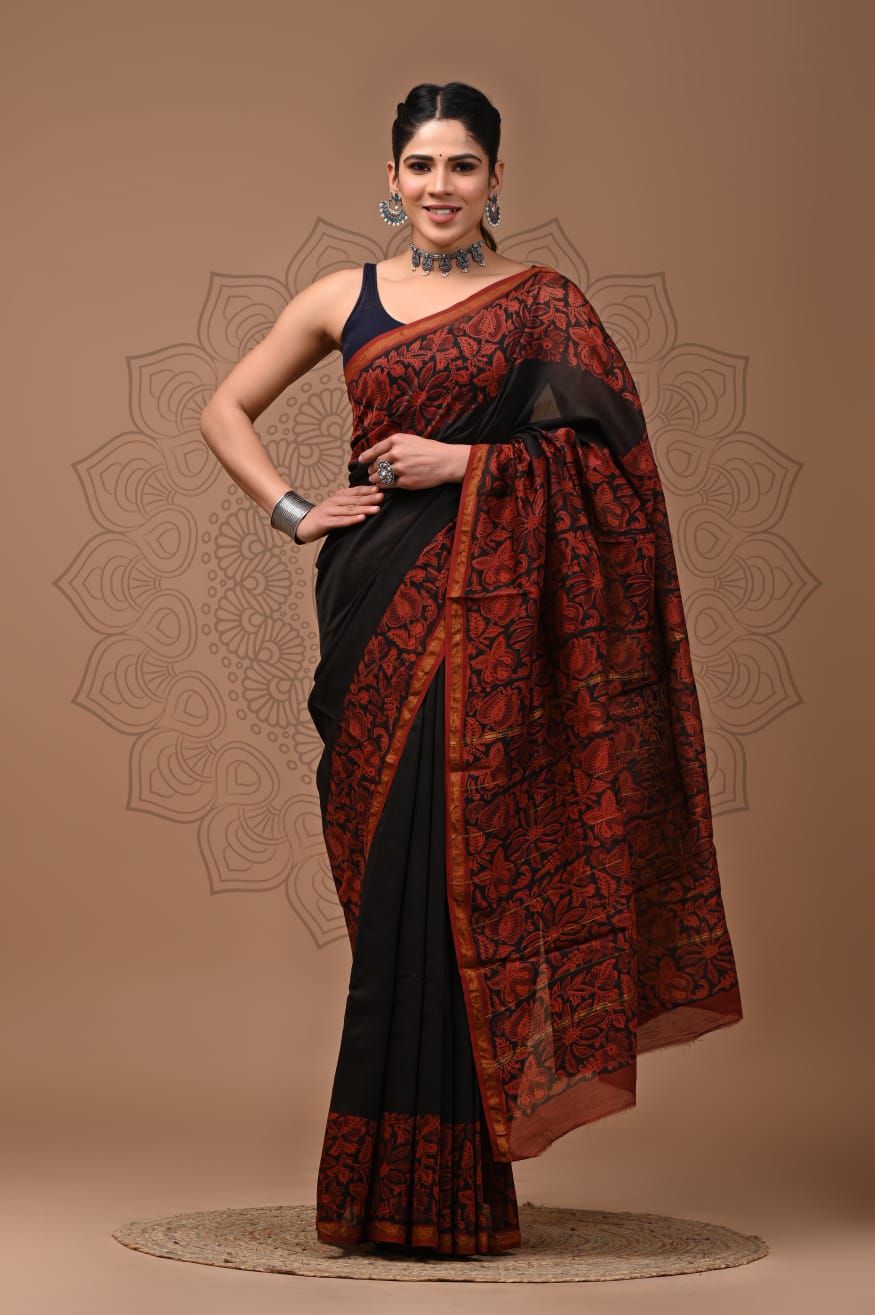 PJNV25A299 Black And Maroon Pure Hand Block Printed Chanderi Silk Saree