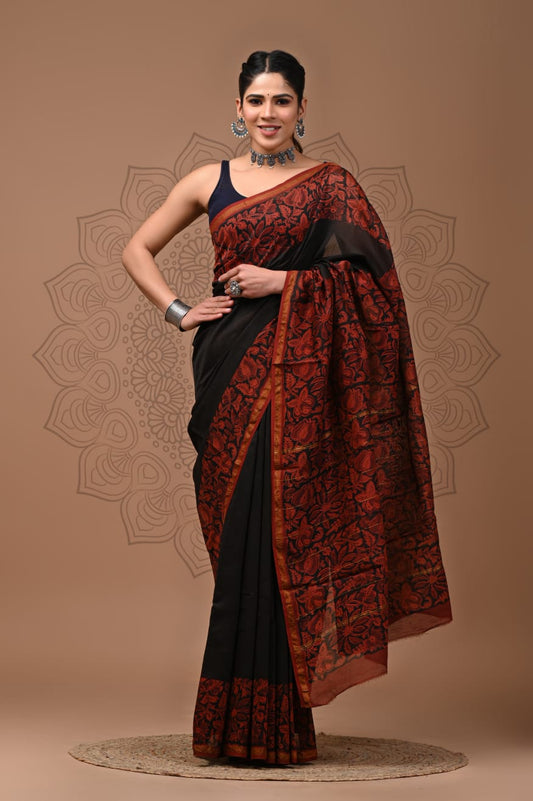 PJNV25A299 Black And Maroon Pure Hand Block Printed Chanderi Silk Saree