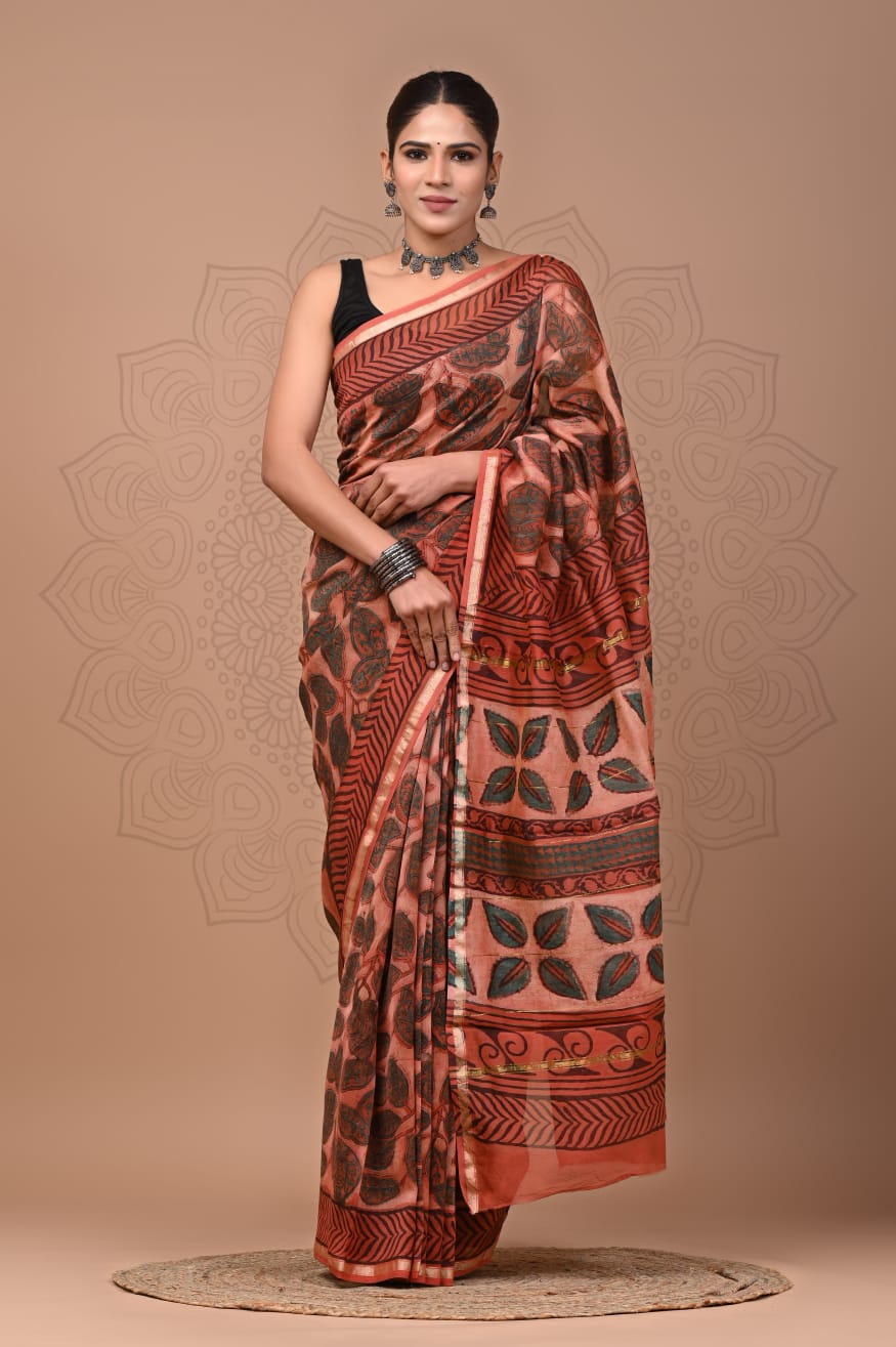 PJNV25A301 Rust Red Pure Hand Block Printed Chanderi Silk Saree