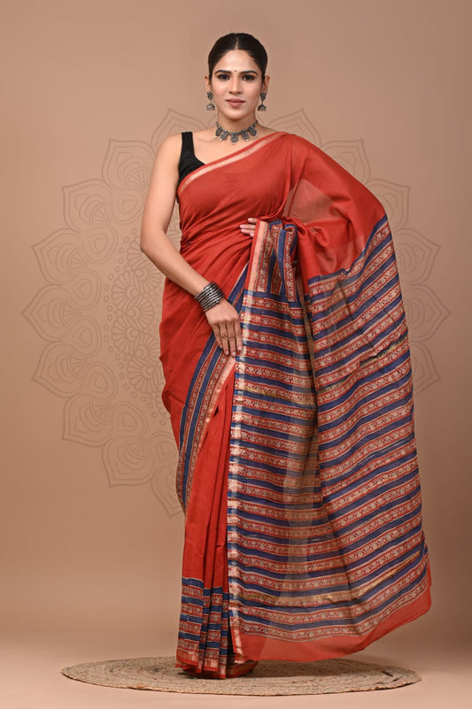 PJNV25A302 Red Pure Hand Block Printed Chanderi Silk Saree