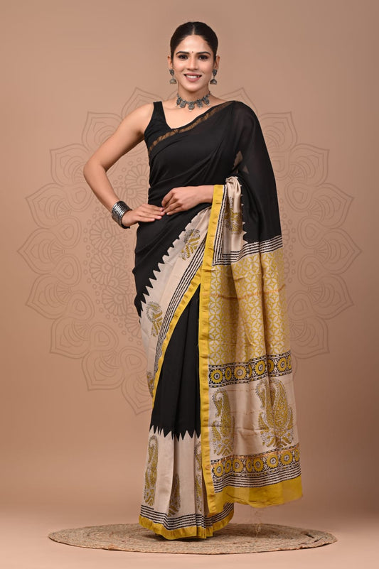 PJNV25A303 Black Pure Hand Block Printed Chanderi Silk Saree