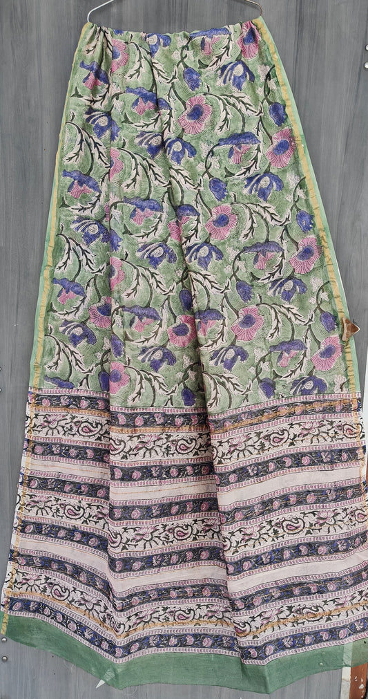 PJNV25A304 Olive Green Pure Hand Block Printed Chanderi Silk Saree