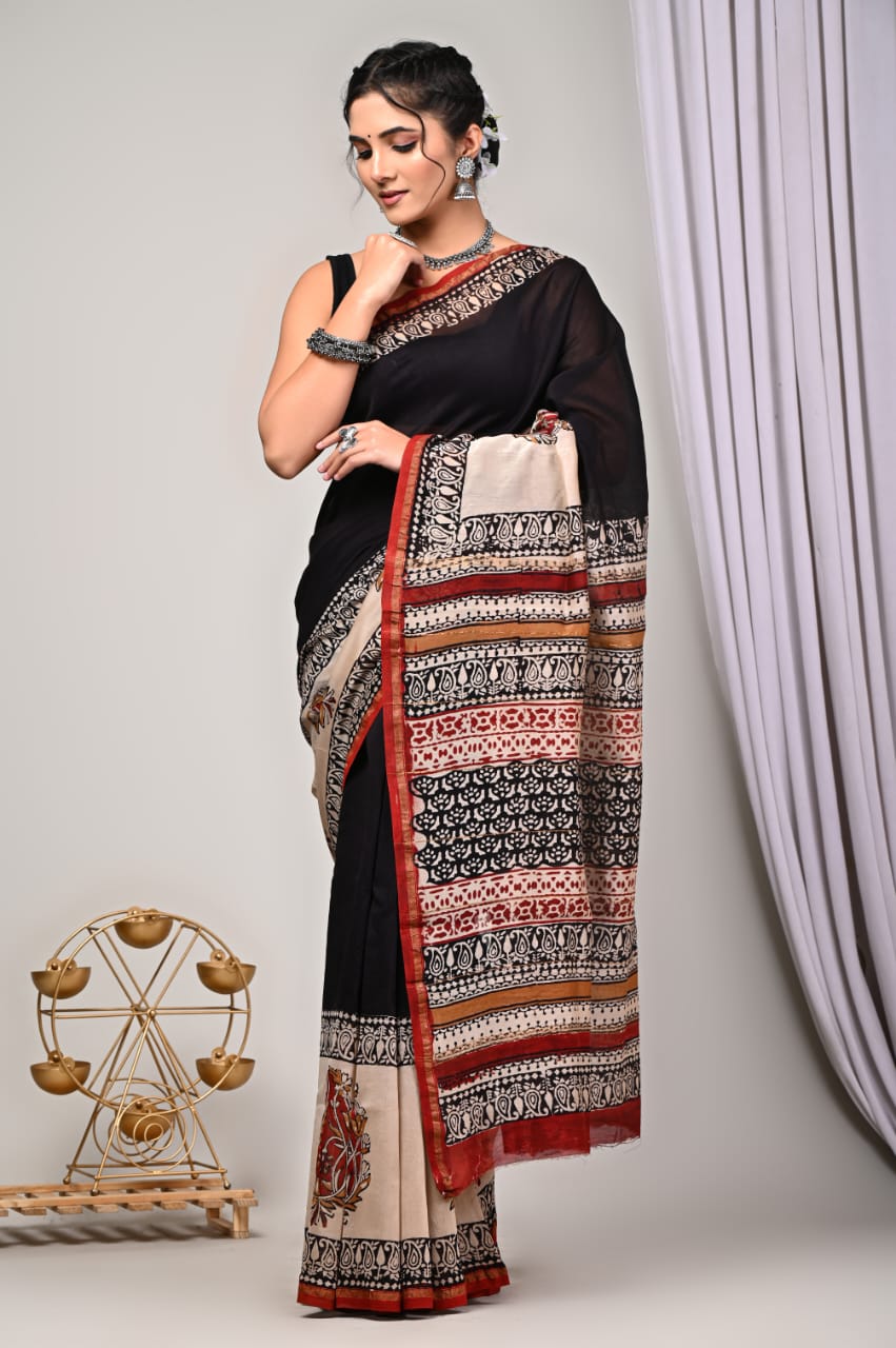 PJNV25A305 Black Pure Hand Block Printed Chanderi Silk Saree